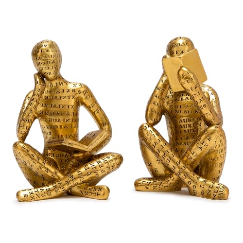 Antique Gold Reading Thinker Statue, Set of 2 Bookshelf Decor Abstract Art Thinker Sculptures, Modern Aesthetic Figurine Home Decoration Ornaments for Living Room Office Shelf Coffee Table Desk Decor - color: Antique Gold