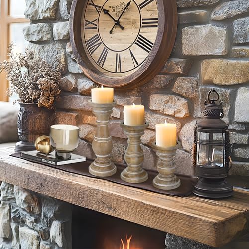 Candle Holder for Pillar Candle Set of 3, Farmhouse Wood Candle Holder, Rustic Wooden Candle Stand, Vintage Small Wooden Candlestick HoldersDecorative for Living Room, Table Centerpiece (Rusticbrown) - color: Rusticwhite, size: Set of 3