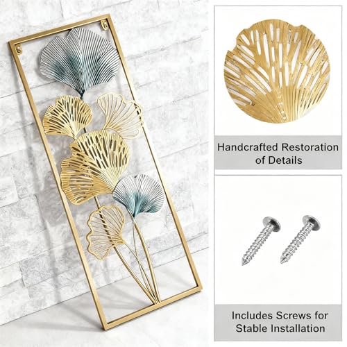 Set of 2 Gold & Blue Ginkgo Leaf Metal Wall Art, 33.5"x12.2" Modern Framed Wall Sculpture, Luxury Spring Home Decor for Living Room Bedroom Bathroom, Elegant Gift for Wedding Housewarming Mother's Day for Homeowners