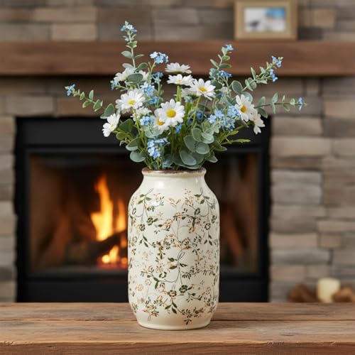 Green Vintage Vase, Chinoiserie Floral Vases for Flowers, Rustic Farmhouse Ceramic Vase for Home Decor, Living Room, Shelf, Office, Vintage Room Decor, 9 inch, White and Green - color: White and Green