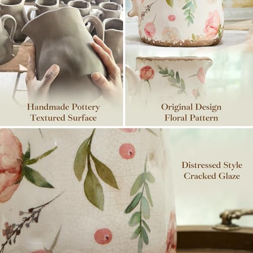 Vintage Fruit and Floral Ceramic Vase with Handle, Retro Ice Glazed Crack Farmhouse Pitcher Vase for Home Decor, Living Room, Shelf, Office, Rustic Table Centerpiece 7 Inch - color: Floral and Fruit, size: Small Pitcher