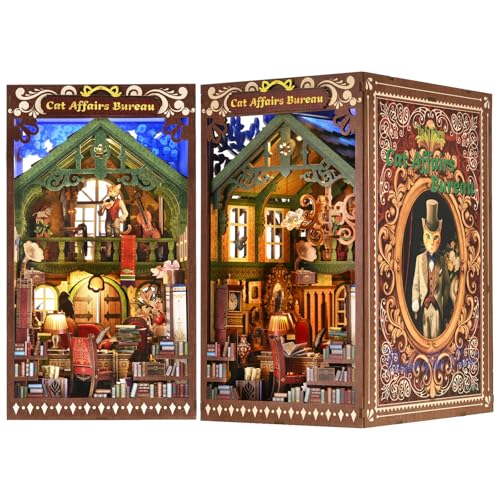 Book Nook Kit, Book Nook Kits for Adults DIY Booknook Model Build, DIY 3D Wooden Puzzle Bookend Booknook Bookshelf Insert Miniature Dollhouse Kit for Home Decoration - style: Cat Affairs Bureau