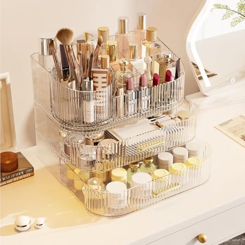 Makeup Organizer with Drawers and 360° Rotating Brush Holder, Large Capacity Cosmetic Storage for Vanity, Skincare, Perfume, Hair Accessories, Lipstick & Jewelry (Clear, 3-layer) - color: Clear, size: 3-layer
