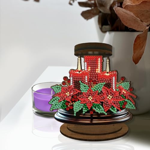 ARTopet DIY Diamond Art Painting Candlestick Holders Wooden Desk Candle Holder Ornament Double Sided Diamond Tabletop Ornaments for Home Decor-Poinsettia - color: Poinsettia
