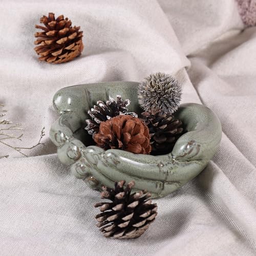 Ceramic Hands Bowl Dish Sculpture, Giving Hands Candy Holder for Succulent Planter, Crystal Rock Holder, Office, Keys Bowl for Entryway Table (Vintage Green) - color: Vintage Green