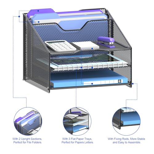 Samstar Desk File Organizer, Mesh Letter File Folder Holder with 3 Paper Trays and 2 Vertical Upright Section, for Office Supplies,Desk Accessories & Workspace,Black. - color: 1 Pack Black