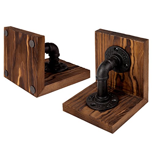 MyGift Book Ends, Decorative Bookends, Heavy Duty Book Holders for Shelves, Rustic Wood with Realistic Industrial Pipe Design,Unique Ideas for Father's Day, Christmas - color: Rustic Brown
