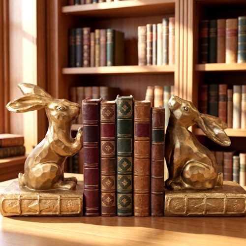 Tatuo 2 Pcs Decorative Rabbit Bookends for Shelves, Bunny Gift Book Ends for Heavy Books Animal Stopper Retriever Statues Bookends with Anti-Slip Base for Book Lover Home Bookshelf, Bronze - style: Rabbit