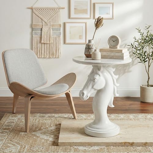 Modern Horse Statue Side Table - Round Faux Marble Top Accent Pedestal with Sculpture Base for Entryway & Living Room, White - color: White Horse