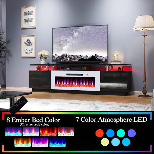 AMERLIFE Fireplace TV Stand with 40" Fireplace, 80" Modern Fireplace Entertainment Center LED Lights, 2 Tier TV Console Cabinet for TVs Up to 90", Black & White - color: Black & White, size: 80"