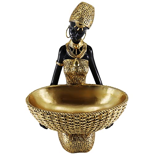 Lescafita Handmade African Seated Woman Sculpture - Gold Tribal Figure Holding Basket, Resin Home Decor for Shelf/Table, Unique Cultural Gift (9" H) - color: 301-gold