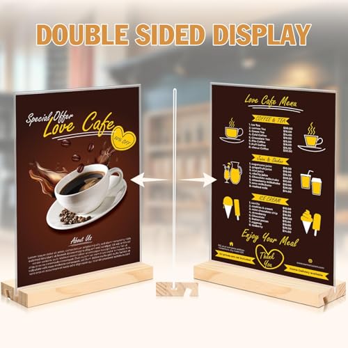 xydstay 2pack 8.5x11 Acrylic Sign Holder with Wood Base for Picture Frames,L/T Shape Double Slot Design for Vertical or Slant Back Display, for Restaurant, Office, School, Store and Home Use - size: 2 pack
