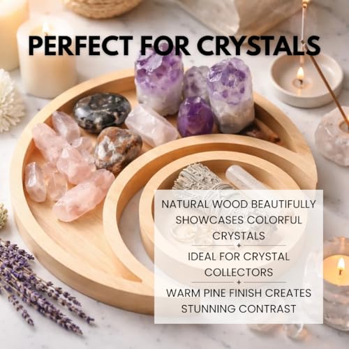 Natural Pine Wood Moon Crystal Display Tray with Dish - Wooden Altar Tray 9.6" x 4.2" for Crystals and Stones Storage - Solid Wood Jewelry Organizer - Bohemian Spiritual Decor - color: Natural With Tray