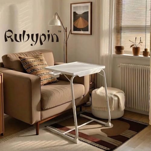 Rubypin Multifunctional TV Tray Table – Adjustable Folding Table for Bed & Sofa with Cup Holder, 6 Height Settings & 3 Tilt Angles (White)