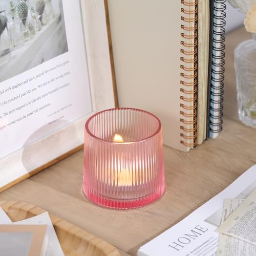 Pink Ribbed Tealight Votive Candle Holders Set of 10- Votive Candle Holders for Table Centerpiece, Tea Light Candle Holder Glass for Wedding and Home Decor, Blue Decor and Gifts - color: Pink, size: 10Pcs