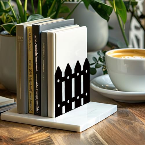 Peacoblue Metal Bookends for Shelves, Modern Decorative Heavy Duty Study Book Support Stoppers for Office, Desk, Shelf, Room 5.3"x4.3"x4.9" Cast Iron Simple Tall Bookends, 1 Pair (Farmhouse Fence) - style: Farmhouse and Fence