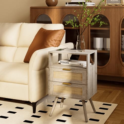 JOONEE Rattan Nightstand with Charging Station,Farmhouse Bedside Table with 2 Storage Drawer and Open Wood Shelf, for Bedroom and Small Spaces,Night Stand with Solid Wood Legs (Grey Oak-Outlet) - color: Grey Oak-outlet