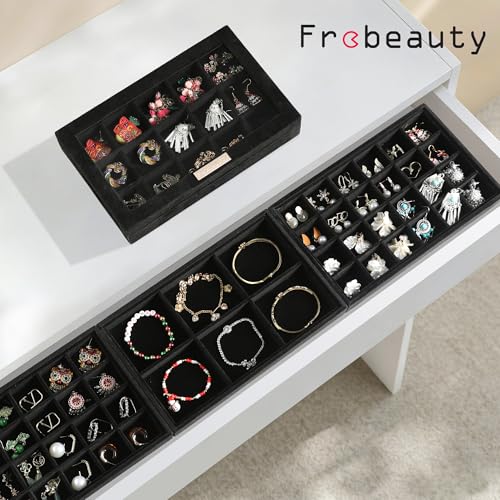 Frebeauty Earring Holder Stackable Jewelry Trays,Velvet Drawer Jewelry Organizer with Glass Lid, 5 in 1 Jewelry Box for Earrings Rings Studs,10.5 x 6.5 x 5.55 Inches Gift for Women (Black) - color: Black, size: Set5-B