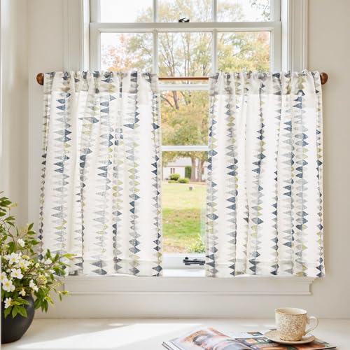 jinchan Mudcloth Boho Kitchen Curtains for Windows Light Filtering Linen Blend 24 Inch Farmhouse Country Tier Curtains Small Window Drapes for Laundry RV 2 Panels Rod Pocket Dusty Blue on Linen - color: Tribal | Dusty Blue on Linen, size: 26"W x 24"L (Pac