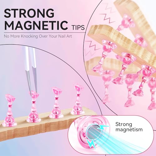 Nail Stand for Press On Art Display Practice 2 Sets, 1 Heart Acrylic Magnetic Nail Stands, Fake Nail Holder Tips, 200 PCS Double-Sided Tape, DIY Kit Home Supplies (Wood And Pink, Medium) - color: Wood And Pink, size: Medium
