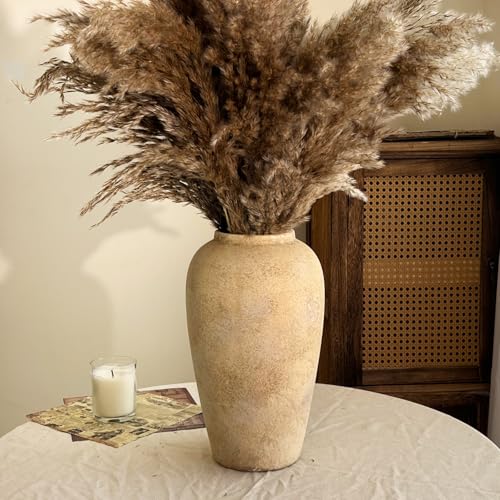 12 Inch Farmhouse Decor Ceramic Rustic Vase,Beige Handmade Flower Vases for Centerpieces,Pottery Vase for Living Room,Kitchen & Bedroom Decor,Vintage Ceramic Vases for Wedding - color: Beige, size: Small