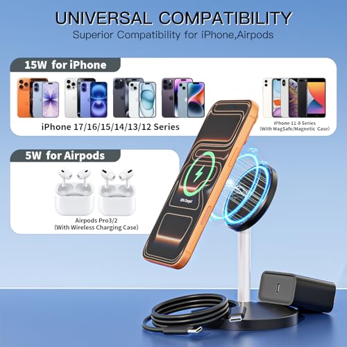 Magnetic Wireless Charger i Phone Stand 15W Fast Mag-Safe Charging Station 6FT Magnet Wireless Charging Stand with Plug Compatible with Apple iPhone 17/17 Pro/Air/17Pro Max 16/15/14/13/12,AirPods Pro - color: Black, size: 1 Pack (6FT C-C)