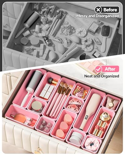Canfanni 13 Pack Plastic Drawer Organizers Set, 3 Sizes Desk Drawer Organizer Trays for Vanity and Makeup Organizer, Organization and Storage for Makeup, Kitchen Utensils, Bathroom and Office(Pink) - color: Pink