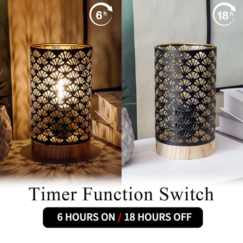 JHY DESIGN Set of 2 Metal Battery Powered Lamps 7.5''H Accent Cordless Lamps with 6-Hours Timer for Weddings Party Patio Garden Indoors Outdoors Table Balcony（Wooden Base） - color: Black