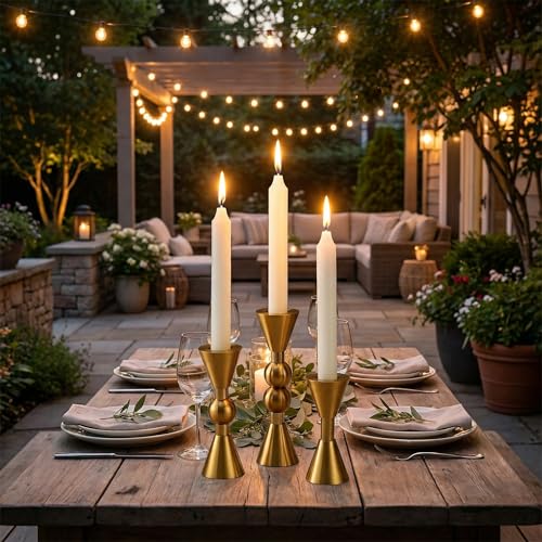 Saoweisi Gold Candlestick Holders, Set of 3 Brass Taper Candle Holders, Decorative Candle Holder, Suitable for Weddings, Holidays, and Table Decorations, Party - color: Gold