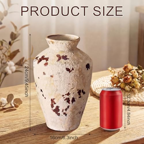 Rustic Ceramic Vase Terracotta Farmhouse Vase for Flowers Stone Vases 9.5 Inch Retro Country Table Centerpieces Vintage Home Decor for Living Room Shelf Entryway Kitchen Wedding Party Decor