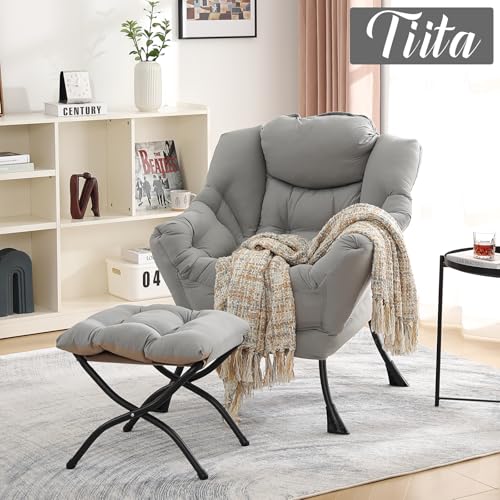 Tiita Lazy Chair with Ottoman, Light Grey Modern Large Accent Chair, Comfy Leisure Sofa Armchair with Ottoman, Reading Chair with Footrest for Bedroom, Living Room, Dorm Rooms, Peach Light Grey - color: Peach Skin Light Grey