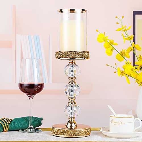 Hurricane Glass Candle Holders, Gold Pillar Candle Holders for Pillar Candle, Magnetic Glass Cover, Crystal Candlesticks Holder for Dining Coffee Table, Wedding,Events,Parties, Home Decor - size: 3 crystal balls