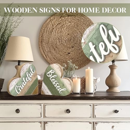 Jetec 2 Pcs Rustic Wooden Heart Table Decor, Daisy Farmhouse Home Decor, Bless This Home & Be Kind Sign for Living Room, Dining Room, Shelf & Mantel, Ideal Housewarming & Birthday Gift(Blessed Style) - style: Blessed Style