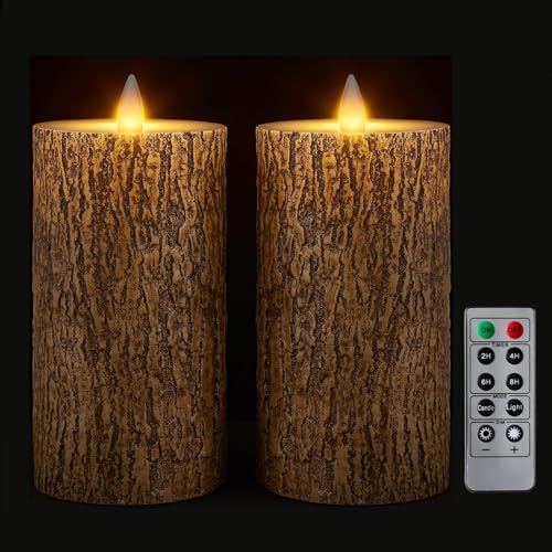 Brown Bark Wax Flameless Pillar Candles with Remote Timer, 3D Moving Flame Led Candles up to 400 Hours with 2AA Batteries, Set of 2(3''x6''), Remote Included (Brown). - color: Brown