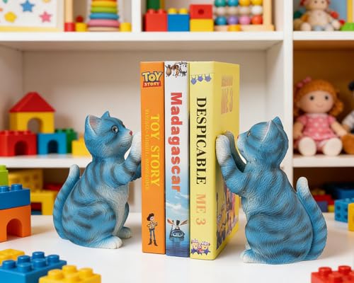 Cute Cat Bookends for Shelves, Heavy Duty Bookends, Decorative Bookends for Kids Books, Non-Skid Design, Blue Cat Statue Enthusiasts Gifts - color: Blue