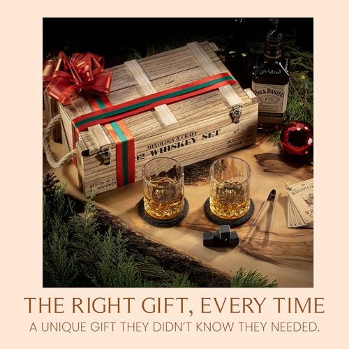 Mixology & Craft Whiskey Gift Set - Includes 2 Lead-Free Crystal Glasses, 8 Granite Chilling Stones, 2 Slate Coasters, Metal Tongs & Recipe Cards with a Wooden Army Crate Box - size: Army Crate