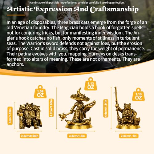 100% Solid Brass Fishing Cat Statue - Handcrafted Vintage Cat Figurine with Fishing Rod, Whimsical Desk Decor for Office & Home, Unique Gift for Animal Lovers & Anglers - style: Fishing cat
