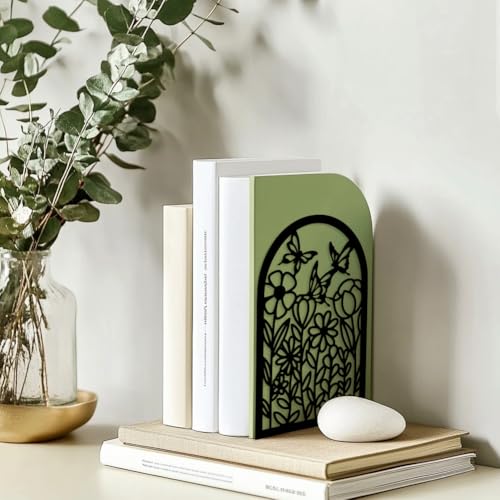 Peacoblue Metal Bookends for Shelves, Modern Decorative Heavy Duty Study Book Support Stoppers for Office, Desk, Shelf, Room 5.3"x4.3"x7.9" Cast Iron Bookends, 1 Pair (Wildflowers and Butterflies) - style: Wildflowers and Butterflies
