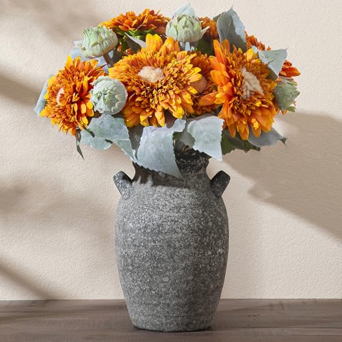 Enra 9.76" Farmhouse Rustic Ceramic Vase, Dark Grey Textured with Double Handles, Waterproof for Dried & Fresh Flowers, Home Decor Centerpiece Gift - color: 013-1