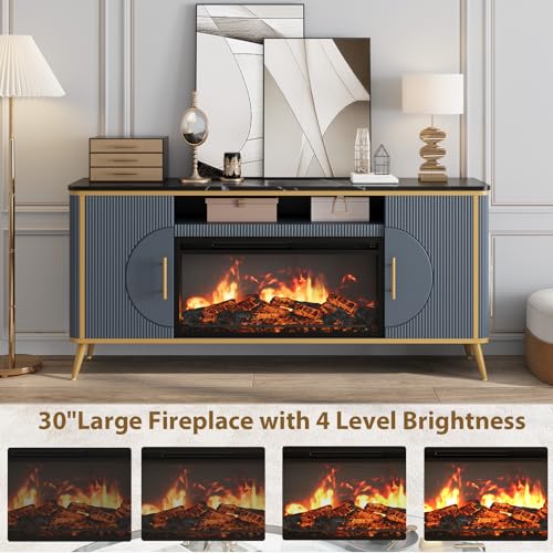 Fluted Fireplace TV Stand Up to 80" TVs, Modern Entertainment Center with 30" Electric Fireplace, Luxury Media Console with Adjustable Shelves for Living Room, Navy Blue - color: Navy Blue