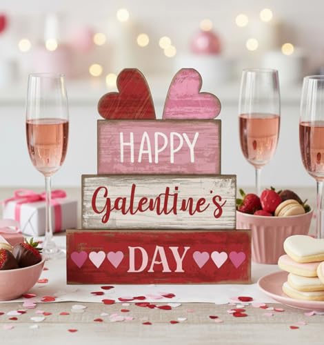 Yuntau 5 Pcs Happy Galentines Day Decorations Wooden Hearts Table Centerpiece Happy Galentines Day Party Table Sign for Valentines Tiered Tray Desk Mantle Shelf Decor - style: Hearts