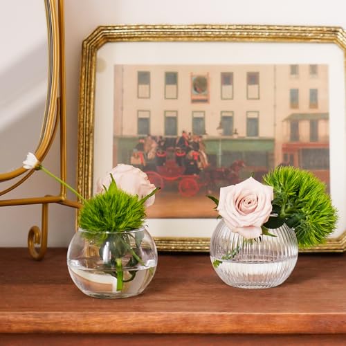 32 Pack Glass Bubble Vases, Small Clear Bud Vases (3 Textures 2 Sizes) Round Mini Globe Bubble Bowl Vases Bulk for Table Centerpieces, Candle Holders, Wedding Event & Home Decor