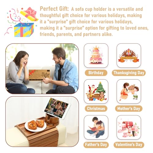 SINWANT Couch Cup Holder Tray,Acacia Wood Sofa Arm Clip on Tray Table with 360° Rotation Cup Holder,Foldable Anti-Slip Couch Armrest Table for Coffee Mug,Water Bottles,Snacks,Remote on Large Armrest - color: Acacia Wood