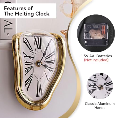 Melting Shelf Clock Art Decor - Salvador Dali Surreal Dripping, 8x4 in Bright Gold Polished Shelf & Desk Gift - color: Gold