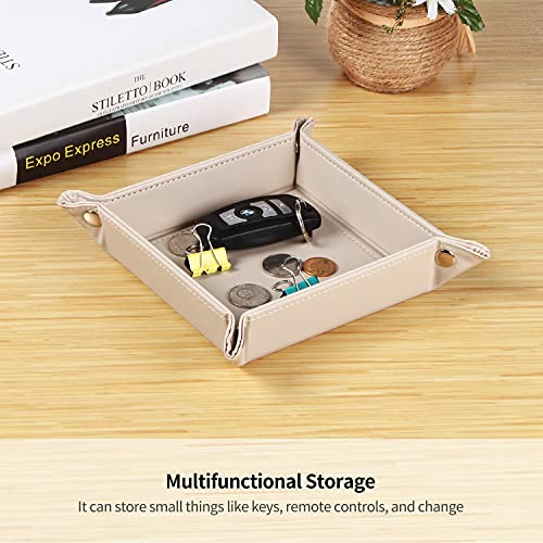 YAPISHI Key Dish Bowl for Men, Entryway Catchall Holder Bedside Table Valet Tray for Pocket Stuff, PU Leather Nightstand Organizer for Dice/Coins/Wallet/Watch/Rings/Sunglasses, Dresser/Coffee Table - color: Beige