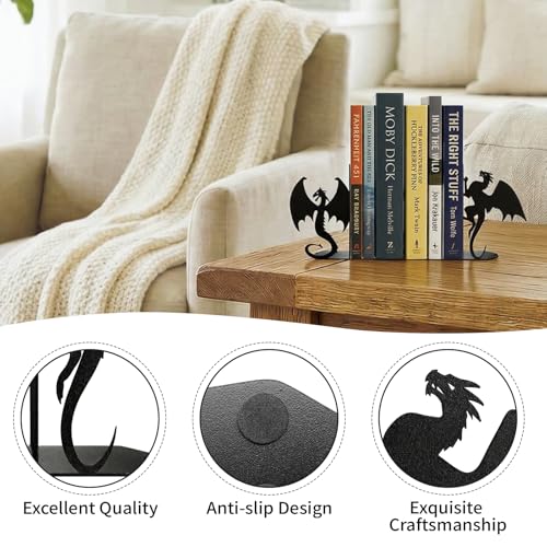 Dragon Bookends Decorative Metal Book Ends for Shelves, Unique Office Desk Bookends Cute Stoppers Reading, Bookshelf Decor for Office School Bedroom Gift for Dragon Lovers and Reading Enthusiasts - color: Black Dragon