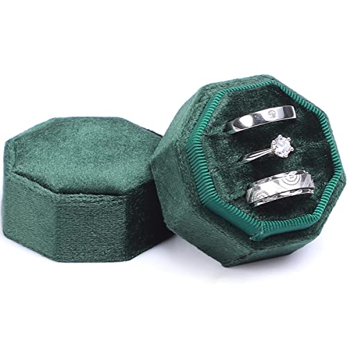 WantGor Velvet Ring Box, 3 Slots Jewelry Ring Gift Box Vintage Ring Display Holder Case for Wedding Ceremony Proposal Engagement (Green) - color: Green