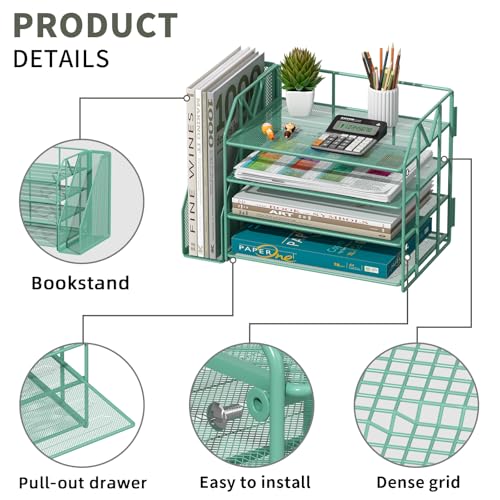 4-Tier Paper File Organizer with Drawer, Metal Desk Organizer, Tiered Paper Tray for Letter/A4 Files, Desktop Office Supplies Storage Rack, Green - color: 4-Tier Green with Bookend