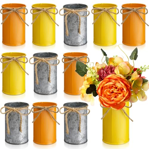 Rustic Vase for Table Centerpieces 4.33 Inch Small Petite Flower Vase with Twine Bow Vintage Farmhouse Decor for Wedding Reception Dining, Home Galvanized Metal Buckets(Yellow, Orange, Iron,12 Pcs) - color: Yellow, Orange, Iron