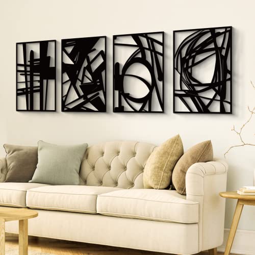 Glamativity 4 Pack Black Abstract Metal Wall Art, Minimalist Décor Single Line Art Wall Décor, 3D Textured Metal Wall Sculptures, for Living Room Bedroom Bathroom Study Room (Black Abstract, M Size 16 x 11'') - color: Black Abstract, size: M Size 16 x 11'